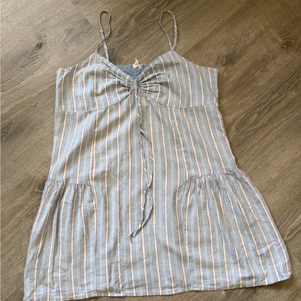 aerie Blue and White Striped Tie-Front Sundress with Red Accent